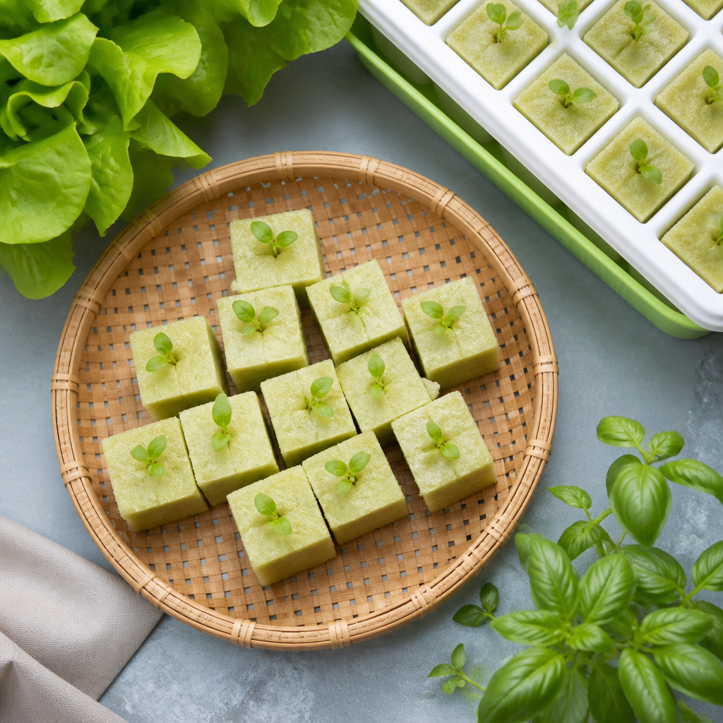 Những khối xốp thủy canh đang ươm các cây con rau xanh