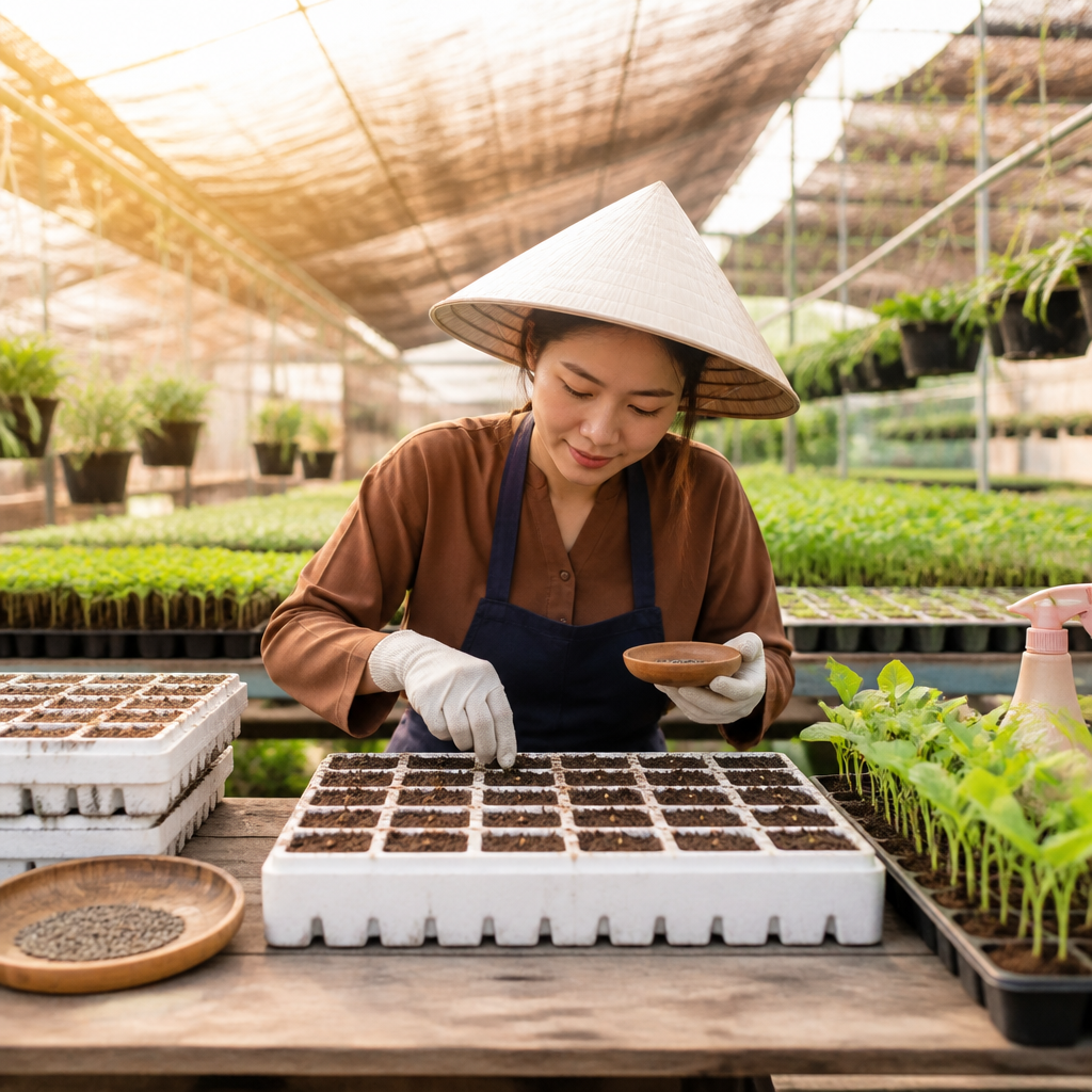 Một người đang cẩn thận đặt hạt giống vào các lỗ trên khay xốp ươm cây