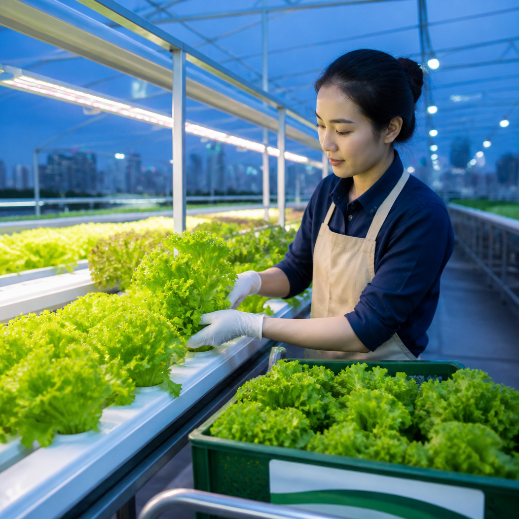 Người làm vườn đang thu hoạch rau xanh từ hệ thống thủy canh tại nhà