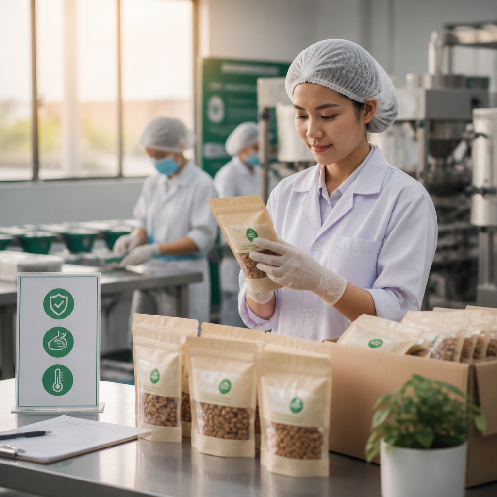 Một người đang kiểm tra chất lượng khay xốp đựng thực phẩm trong nhà máy với các tiêu chuẩn an toàn