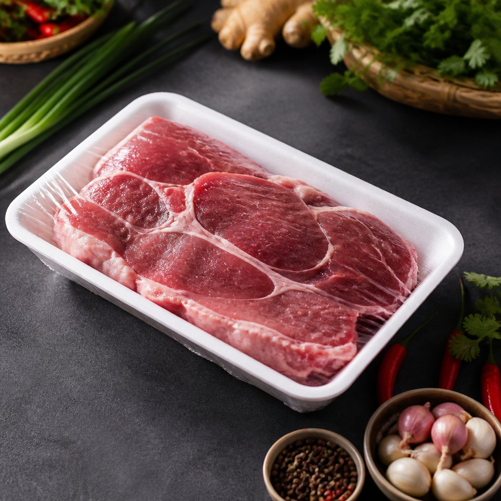 Khay xốp đựng thịt tươi sống màu trắng được bọc màng co trong siêu thị