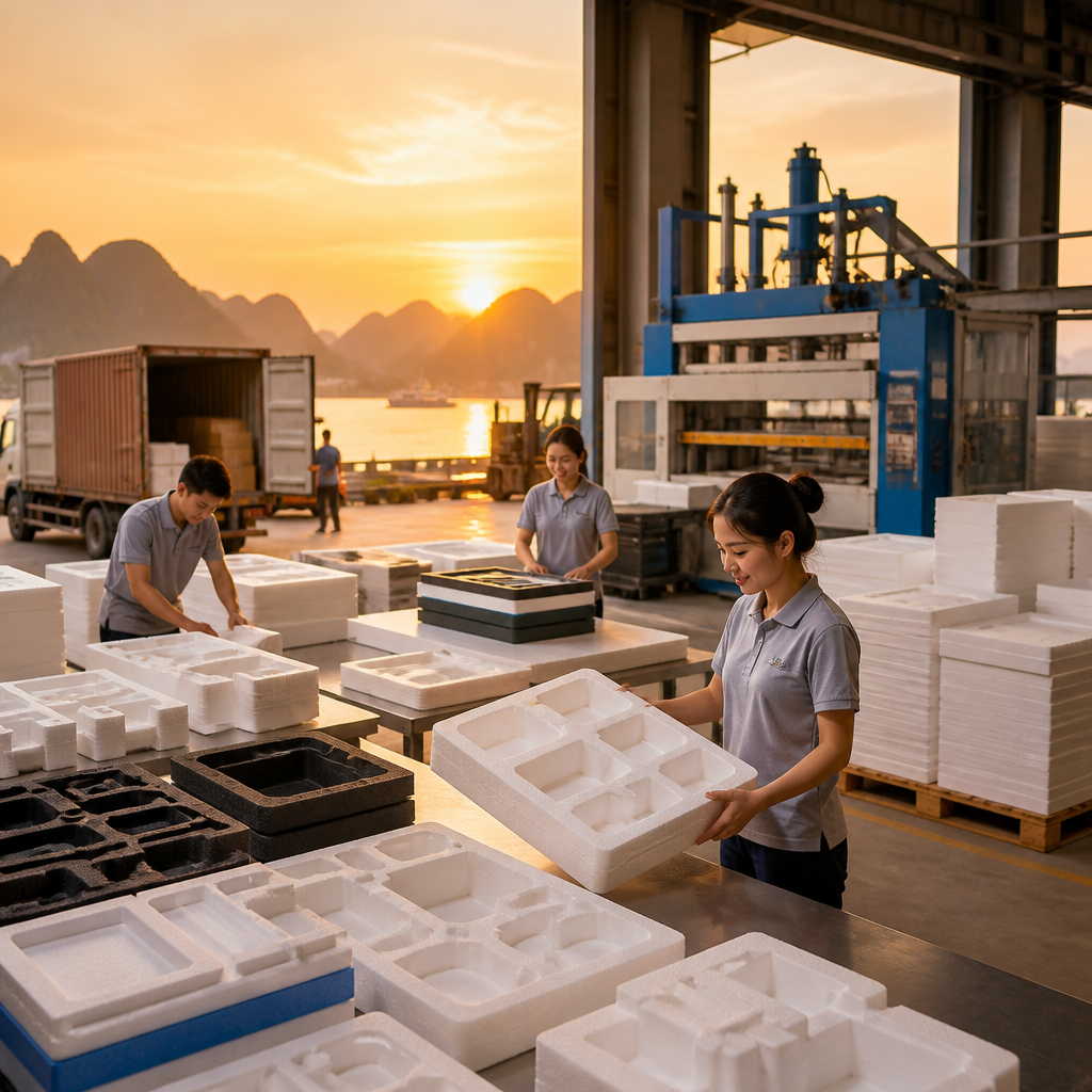 Các loại khay xốp định hình màu trắng được xếp chồng lên nhau, dùng để bảo vệ sản phẩm