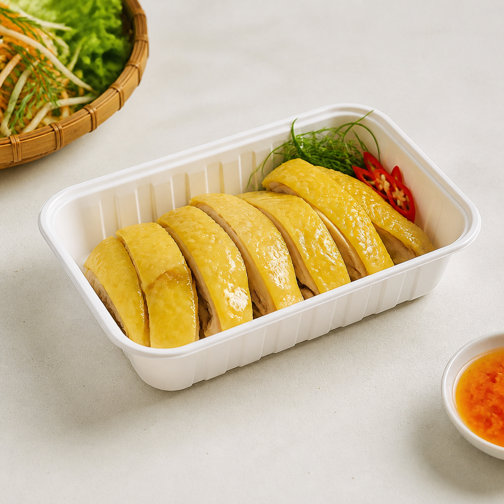 Khay xốp M16 chứa thịt bò tươi và rau củ, minh họa việc sử dụng đa dạng trong siêu thị và cửa hàng thực phẩm vào năm 2026.