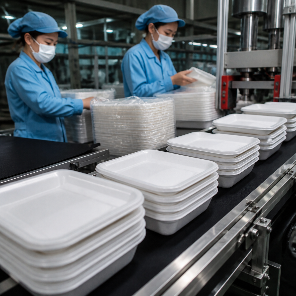 Hình ảnh các nhãn chứng nhận ISO 22000, HACCP và FDA trên bao bì khay xốp, thể hiện cam kết an toàn vệ sinh thực phẩm năm 2026.