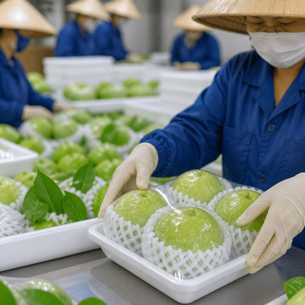 Công nhân đang phân loại và đóng gói rau củ tươi sống tại nhà máy