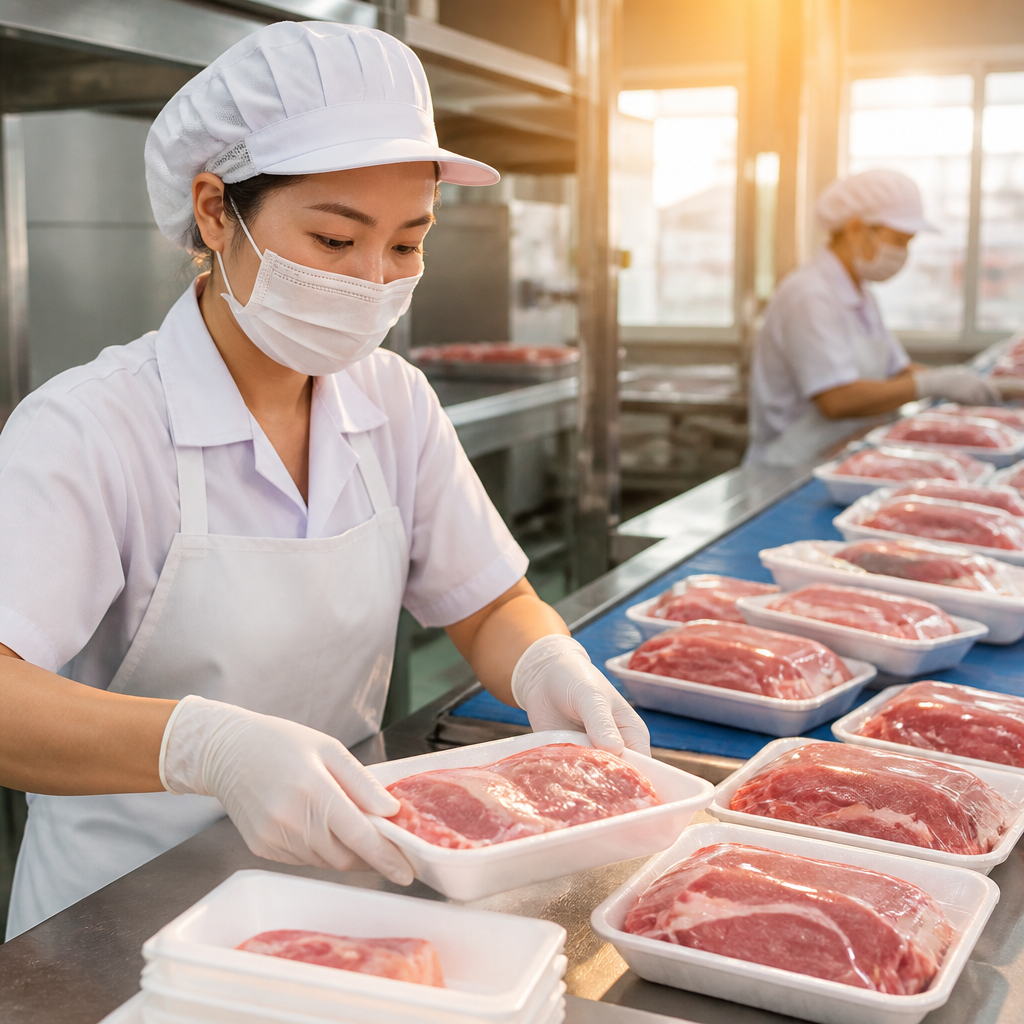 Thịt bò tươi được đóng gói gọn gàng trong khay xốp M18 màu trắng có màng bọc thực phẩm