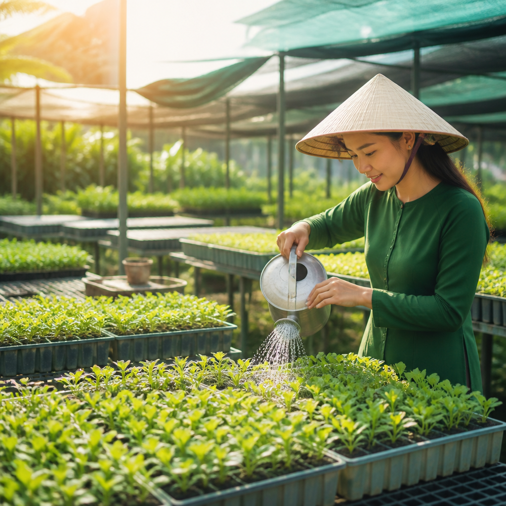 Người làm vườn chăm sóc cây con trong khay xốp, đảm bảo chúng khỏe mạnh.
