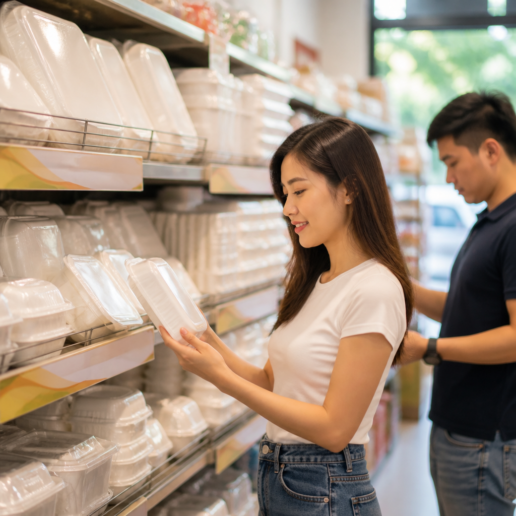 Một người đang lựa chọn khay xốp đựng thực phẩm tại cửa hàng bán buôn