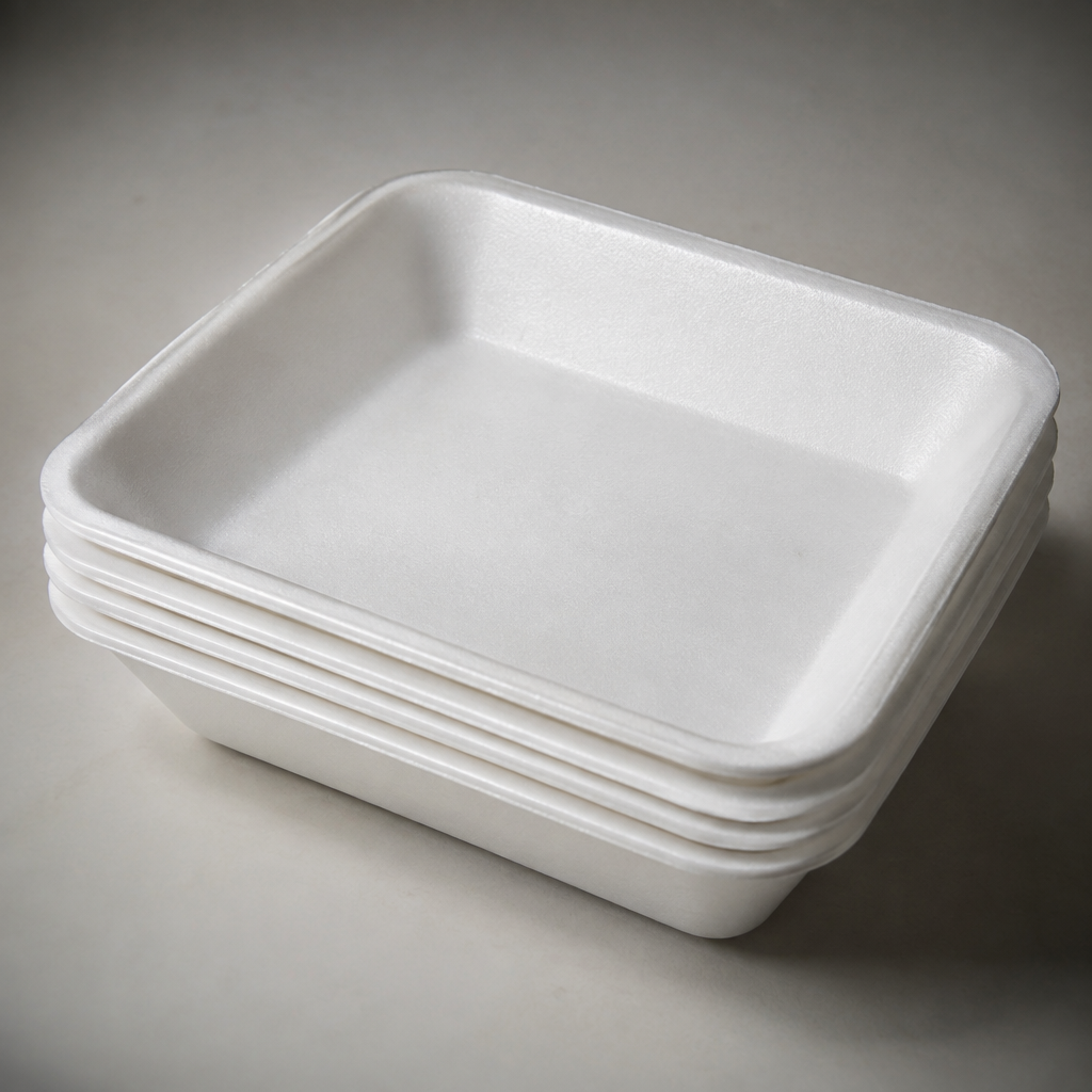 Các loại khay xốp đựng trái cây được xếp chồng lên nhau trong kho