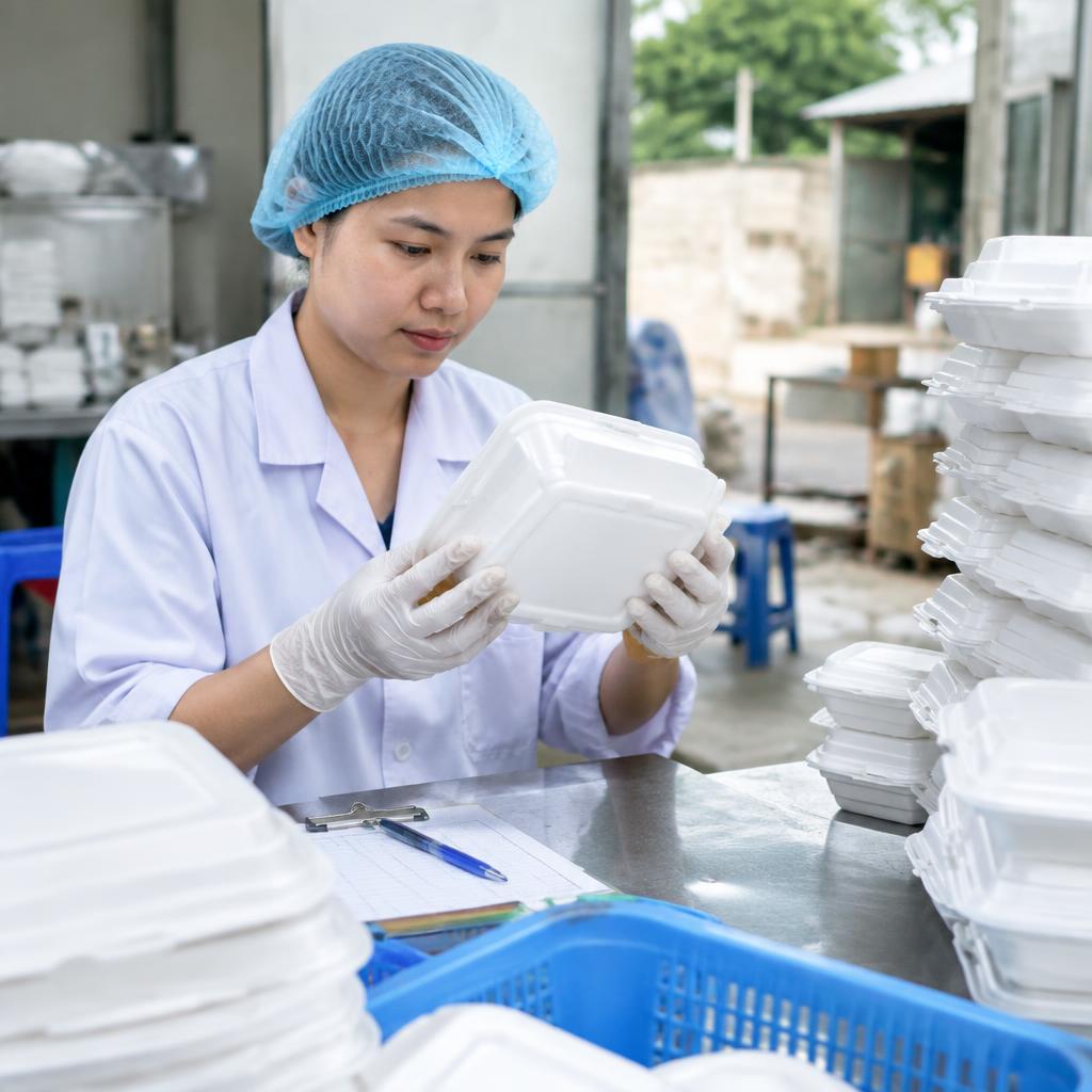 Một người công nhân đang kiểm tra chất lượng của khay xốp M16 trên dây chuyền sản xuất, đảm bảo các tiêu chuẩn vệ sinh an toàn.