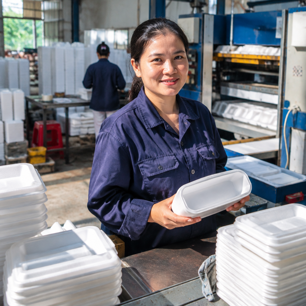 Ông Nguyễn Thuận Hải đang giám sát dây chuyền sản xuất khay xốp trong nhà máy hiện đại