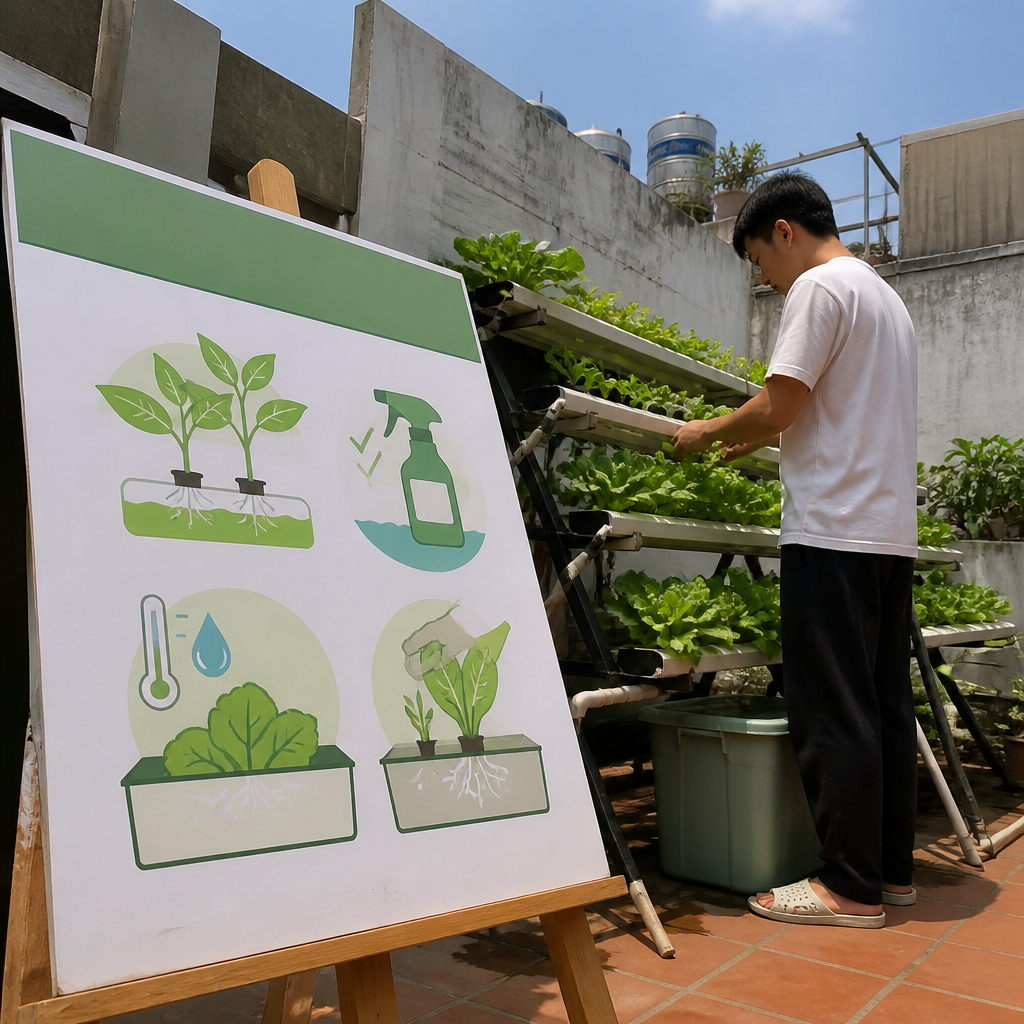 Người trồng rau đang kiểm tra sức khỏe của cây con trên tấm xốp thủy canh