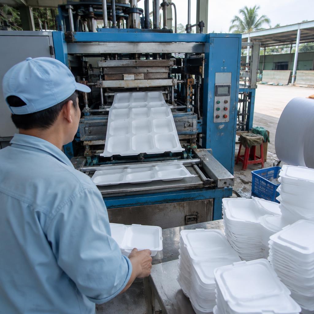 Dây chuyền sản xuất khay xốp PS đạt tiêu chuẩn vệ sinh an toàn thực phẩm.