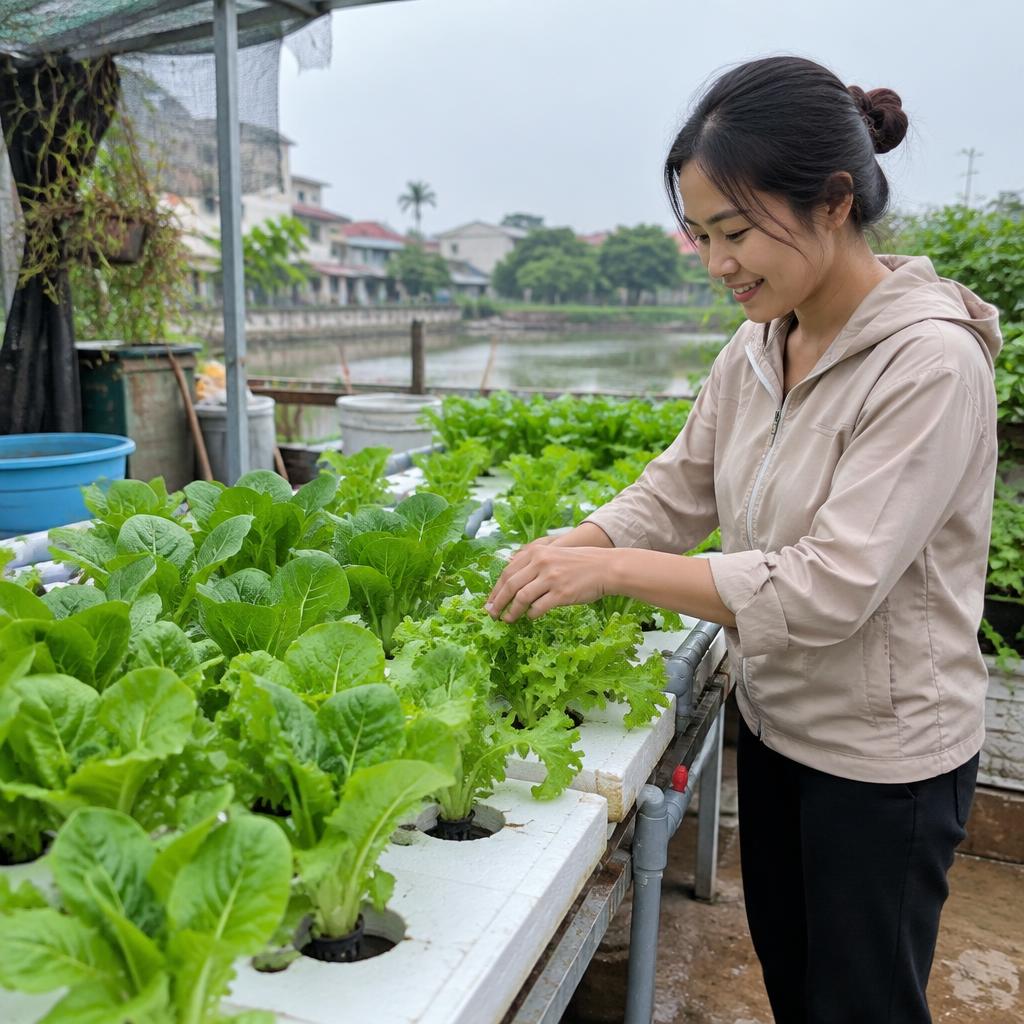 Một hệ thống thủy canh hiện đại với nhiều cây rau ăn lá xanh tươi đang phát triển trên các tấm xốp.